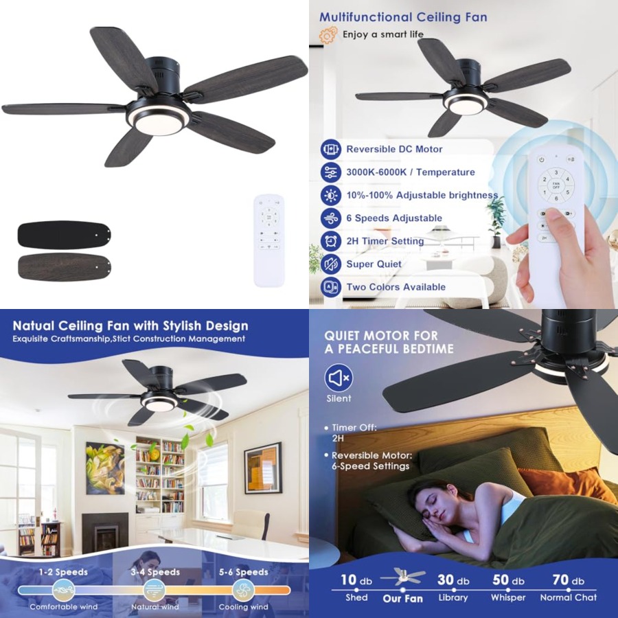Ceiling Fan Low Profile Flush Mount - Ventiladores de Teto Pretos com Luzes