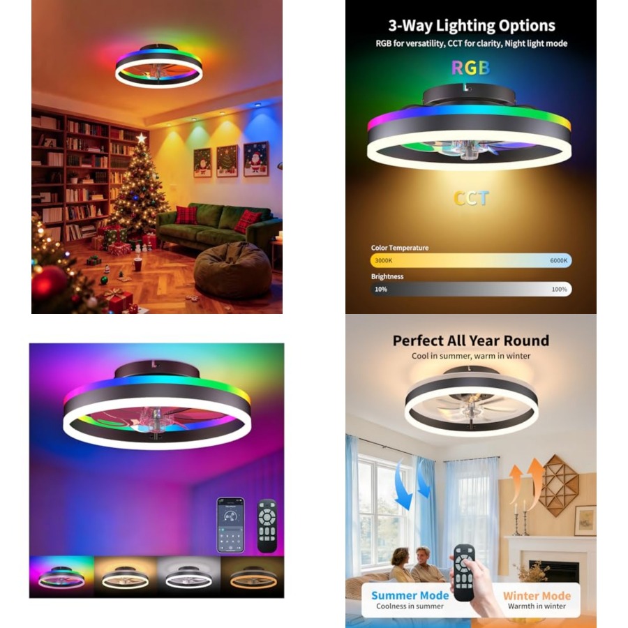 Ventilador de Teto RGB com Luz - Ceiling Fan Low Profile Flush Mount avaliação e preço