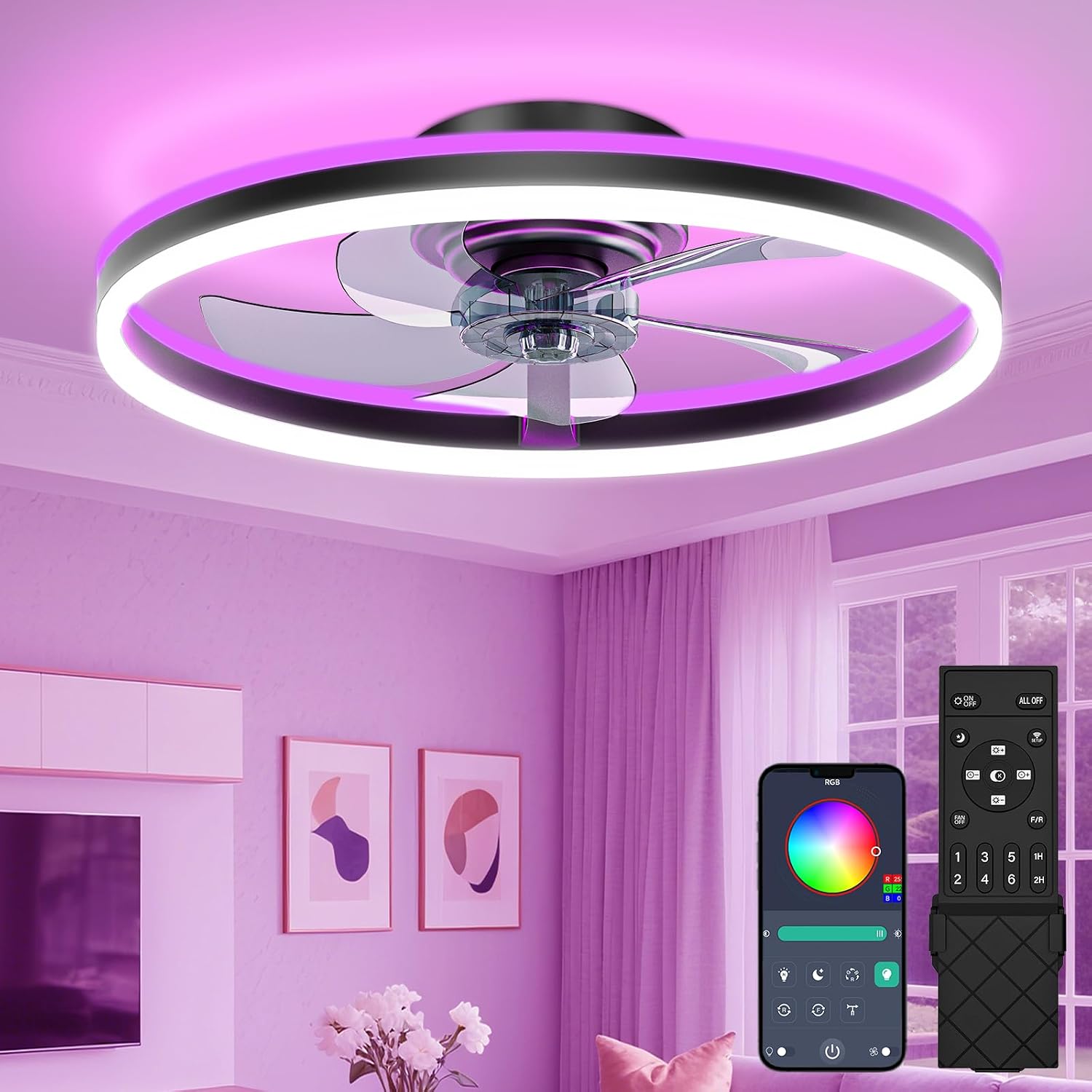 Ventilador de teto com luz RGB - Ceiling Fan Low Profile Flush Mount avaliação e preço