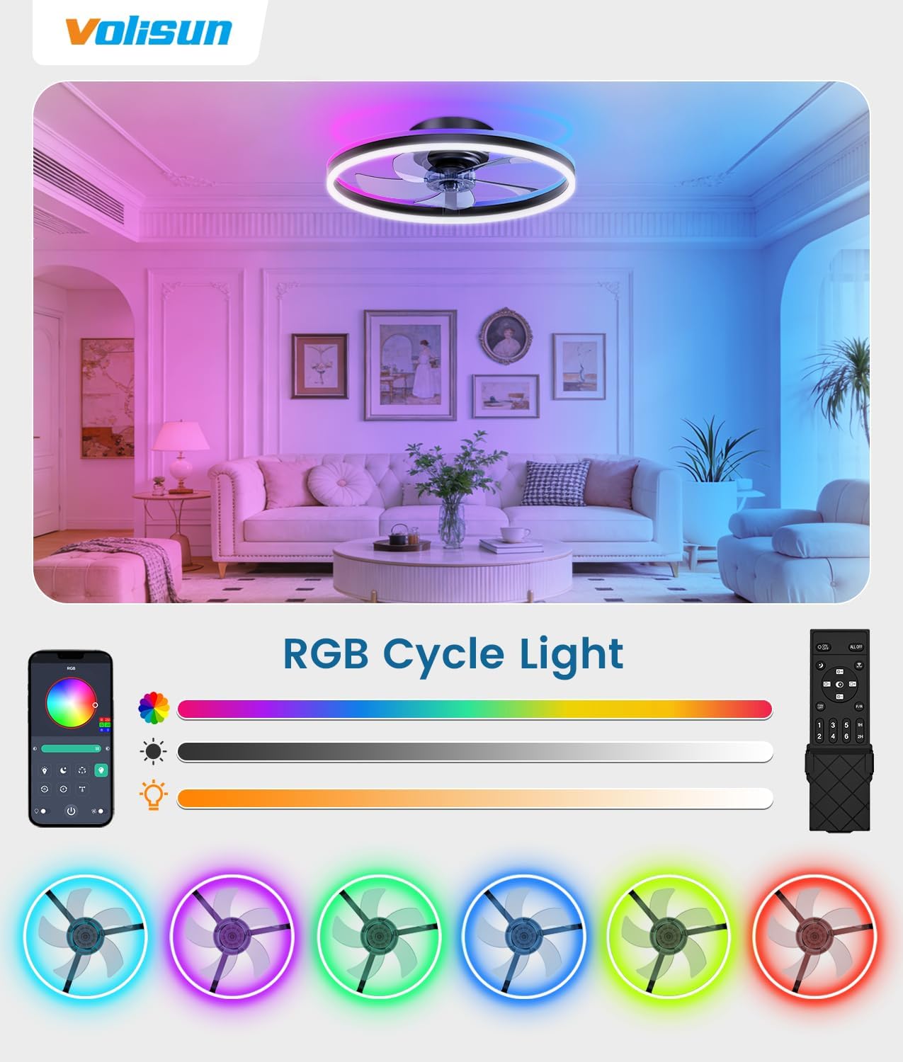 Ventilador de teto com luz RGB - Ceiling Fan Low Profile Flush Mount avaliação e preço