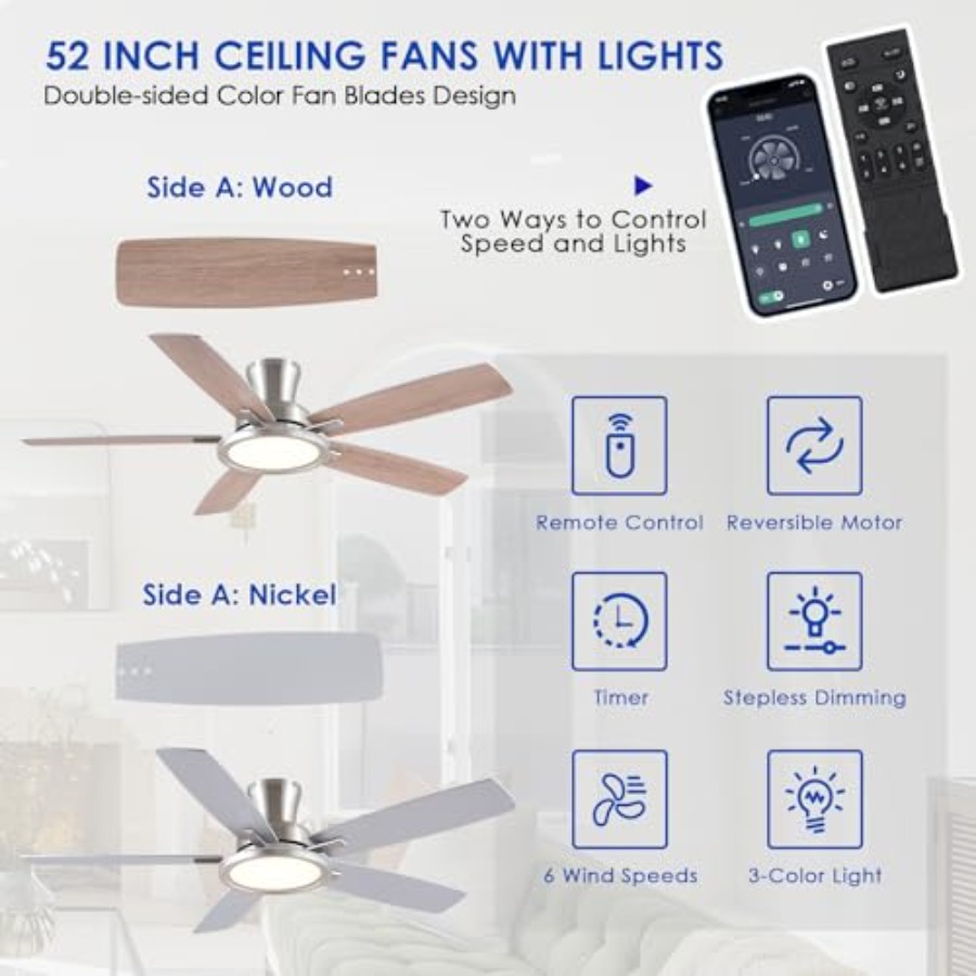 Ventilador de Teto de 52 Poleg - Ceiling Fan Low Profile Flush Mount avaliação e preço